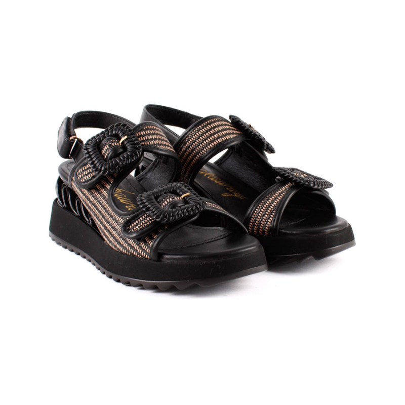 SANDALIA CUÑA HEBILLA RAFIA NEGRO 85869C