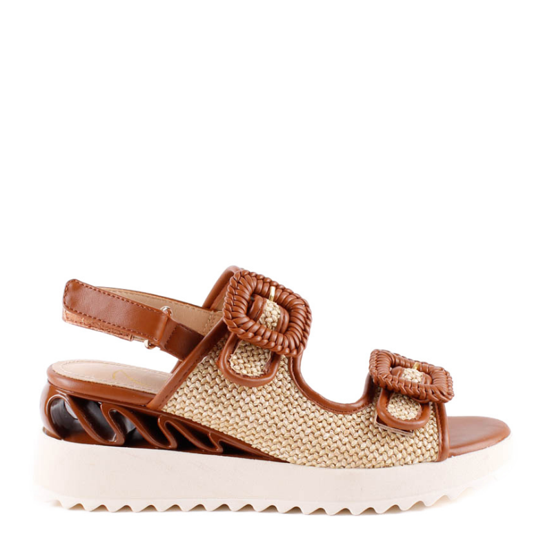 SANDALIA CUÑA HEBILLA RAFIA MARRON85869C